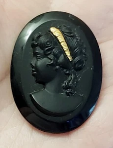Vintage West Germany Black & Gold Plastic Cameo, Jewelry Making Brooch Pin Ring - Picture 1 of 6
