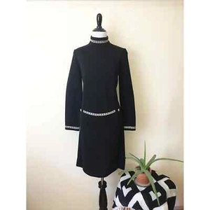 Vestido Vintage Años 60 Talla 12 Negro Mangas Largas Cuello Estrás Puño Cinturón Lana - Imagen 1 de 12