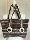 Felted Tote Bag Handmade Wool Knit Brown Grey Stripe Button Accent 17 x10"