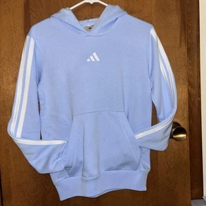 adidas Youth Large 14/16 Light Blue White 3 stripe Pullover Hoodie Boy Girl - Picture 1 of 5