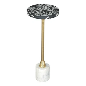 22" Black White And Gold Wood Marble And Iron Round Pedestal End Table - Picture 1 of 11