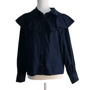 Preppy Aere Sz 12 Ruffled Navy Button Up Blouse Shirt 100% Organic Cotton - Picture 1 of 9