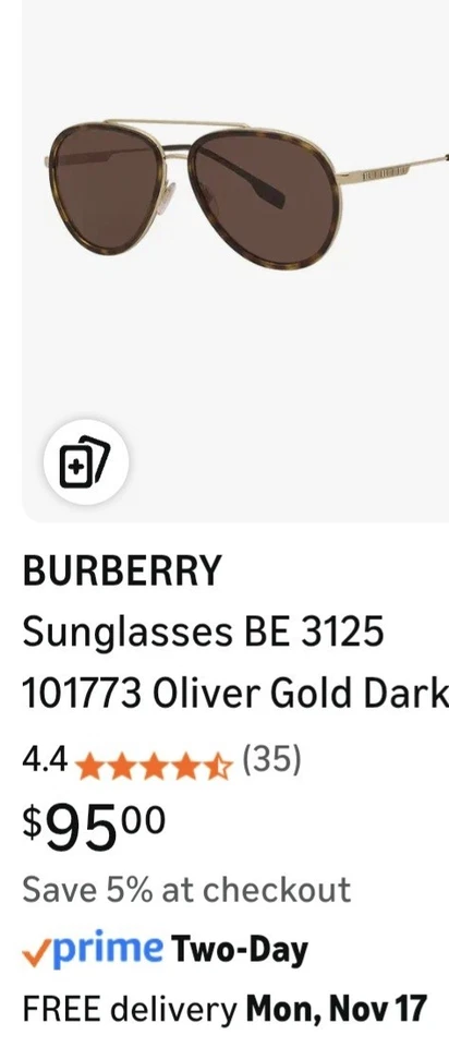 男女通用Burberry飞行员太阳镜 — 第 1/2 张图片