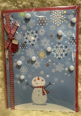 Papyrus Christmas Card 2019  Glitter Snowman Enamel Mitten Charm PomPom Snow - Image 1 of 4