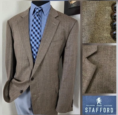 STAFFORD Tweed Blazer Men 50L Herringbone Sport Coat 2 Button Casual Wool Jacket - Image 1 of 4