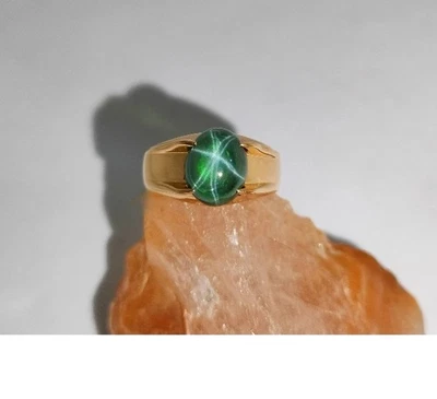 Green Star Sapphire Ring 925 Sterling Silver Lab Created Handmade Men's Ring - Image 1 of 4