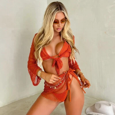 Minifalda de ganchillo a mano para mujer Traje de baño Sexy Playa Bikini Cubrir Falda Conjunto Foto 1 de 4