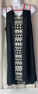 THML Dress Medium Shift Black Red Embroidered Sleeveless Sheer Unlined Tribal - Picture 1 of 14