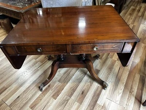 Antique ENGLISH 20th C Regency Style Rosewood Drop Leaf SOFA TABLE Brass Inlaid - Picture 1 of 14
