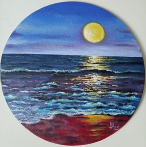 Original Sunset Seascape Painting Sea Sunrise Ocean Waves Wall Art Round Picture - Picture 1 of 11