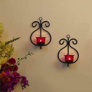 Decorative Glass Cup Tealight Candle Holder Wall Hanging Iron Base Pack of 2 Set