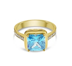 14k Yellow Gold Ring Sky Blue CZ Birthstone - Picture 1 of 2