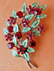Vintage Brooch  with Small Enamel Leaves  and Red Rhinestone Flowers - Picture 1 of 9