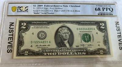 2009 $2 Federal Reserve Note RADAR SERIAL Cleveland PCGS Superb Gem 68 PPQ - Image 1 of 2
