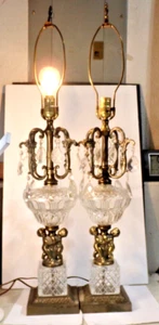 Set of 2 - GIM 429 Brass & Glass Crystal LAMPS + Cherubs + Glass Prisms 34" tall - Picture 1 of 16