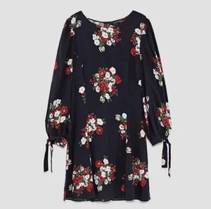 Zara Woman Dark Navy Black Floral Print A-Line Mini The Tango Dress Size XL - Picture 1 of 18