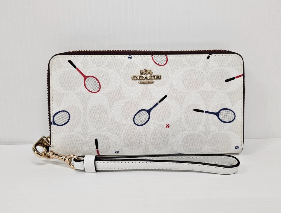Coach Signature Chalk with Tennis Racquet Print Canvas Zip Around Wallet C8385