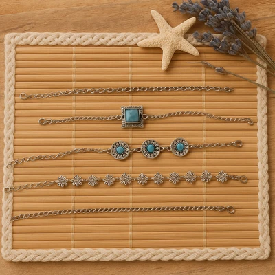 Silver Flowers & Turquoise Chain Bracelet Set of Four - 6.75 Inch - small wrist - Image 1 of 4