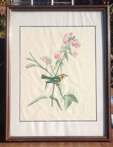 Tableau brodé : oiseau sur branche | Bon état - Picture 1 of 2