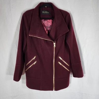 Abrigo Guess Mujer Borgoña Púrpura Mezcla Lana Cremallera Asimétrico Moto Talla XL Foto 1 de 4