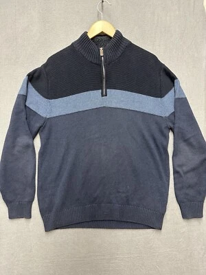 Haggar Mens Pullove sweater Blue striped Quarter Zip Fleece Sweatshirt L - Image 1 of 4