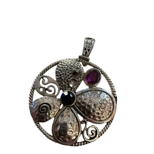 Vintage Silver-Toned Pendant With Textured Petals Swirl Details & Gemstones - Picture 1 of 8