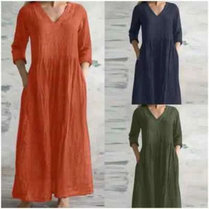 Verano Algodón Lino Suelto Vestidos Largos Para Mujer 2025 Primavera Nuevo Informal Medio - Imagen 1 de 28