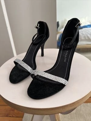 Correa de tobillo Studio Pollini negra gamuza tacón de 3 pulgadas con detalle de gema brillante Foto 1 de 4