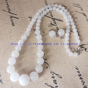 Pretty Fashion 6-14mm White Jade Round Gem Bead Necklace 18" Earring Set