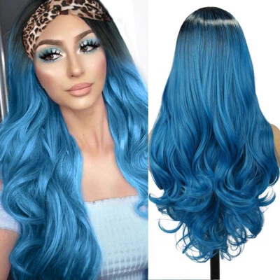 24" Long Body Wavy Wigs Headband Wigs Black Blue Ombre Glueless Synthetic Wig  - Image 1 of 4