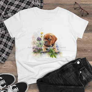 T-Shirt Dogue de Bordeaux französischer Mastiff Welpe Aquarell Blumenkunst #2 Damen - Bild 1 von 3