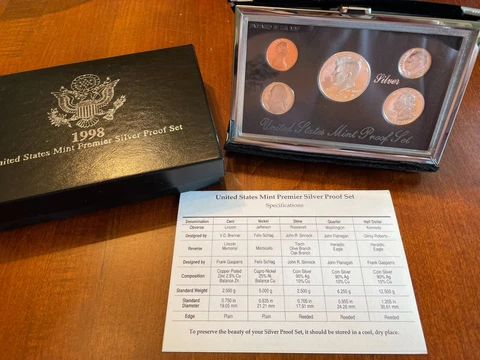 1998 US Mint Silver Premier Proof Set in OGP with COA Cover