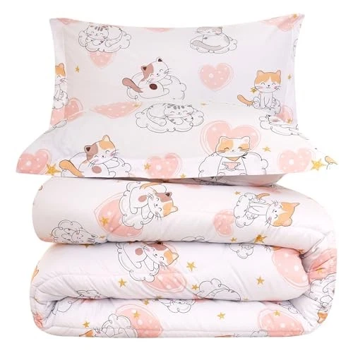 Juego de edredón Cat Kids para niñas gemelo, lindo acolchado rosa estampado de corazón  Foto 1 de 4