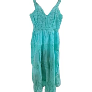 Women Aqua Eyelet Lace Dress L vneck summer Beach Cotton Flare sale - Picture 1 of 1
