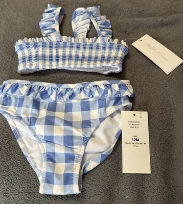 Ralph Lauren Kleinkind Mädchen Tankini Größe 12 Monate Neu mit Etikett blau weiß Gingham - Bild 1 von 4