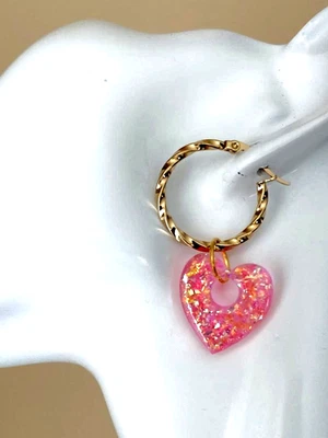 Opal Earrings: Resin Sherbet Pink Hearts on 18-Karat GP Stainless-Steel Hoops - Image 1 of 4