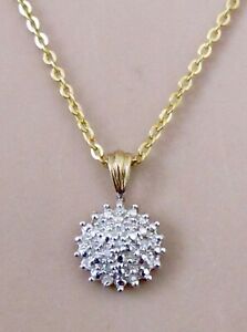 Gold Diamond Necklace - 9ct Gold Multi Diamond Round Cluster Pendant & 9ct Chain