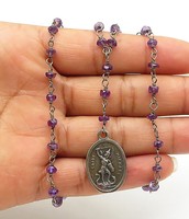 925 Sterling Silver - Vintage Amethyst Bead Saint Michael Chain Necklace - N2368