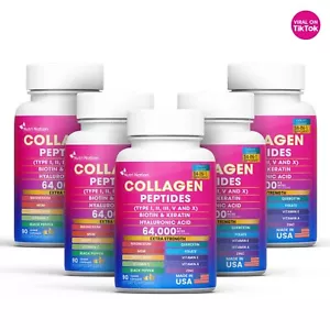 Píldoras de péptidos de colágeno 1000 mg cápsulas hidrolizadas antienvejecimiento tipos I, II, III, V, X - Imagen 1 de 9