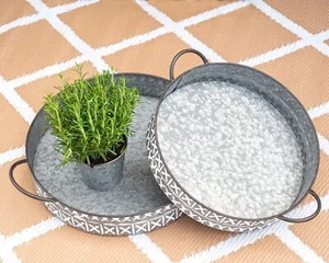Pair of Large Galvanised Metal Grey Rustic Round Serving Trays Platters - Picture 1 of 9