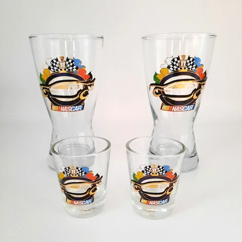 Vintage 1990s Hunter Shot Glass & Pilsner Set Race Car NASCAR Flag Cover