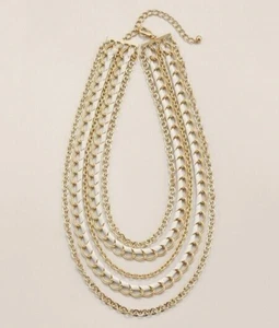 CHICO'S LENA MULTI-STRAND 20"-24" NECKLACE, GOLDTONE CHAINS & COTTON RIBBON, GUC - Picture 1 of 5