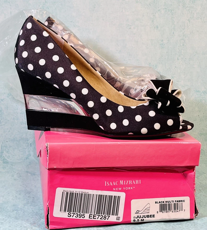 ISAAC MIZRAHI Jujubee Black Polka-Dot Suede/Lucite BOW Wedge sz 9.5M NIB - Image 1 of 4