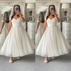 Tea Length Wedding Dresses Off the Shoulder Tulle Mid Calf A Line Bridal Gowns - Picture 1 of 9