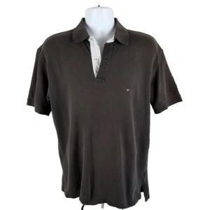 TOMMY HILFIGER POLO SHIRT, Mocha Brown, Blue White stripe Collar Liner, L size - Picture 1 of 3