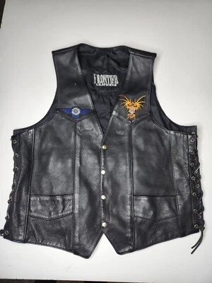 Men's Frontier Leather Black Motorcycle Vest Snap Buttons Side Lace Up Sturgis  - Image 1 of 4