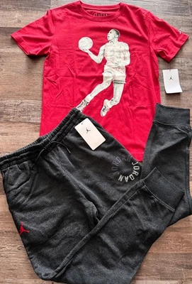 NWT Nike Air Jordan Boys YLG Black Heather/Red/White Jogger Pants Set Large - Image 1 of 4