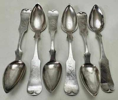 6 cucharas antiguas de plata para monedas E D Kinsey Cincinnati Plateros Pre Guerra Civil Foto 1 de 4