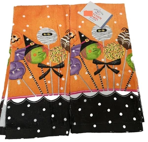 Set of 2 Same Kitchen Terry Towels (15"x25") HALLOWEEN CHARACTERS ON STICKS, AM - Picture 1 of 7