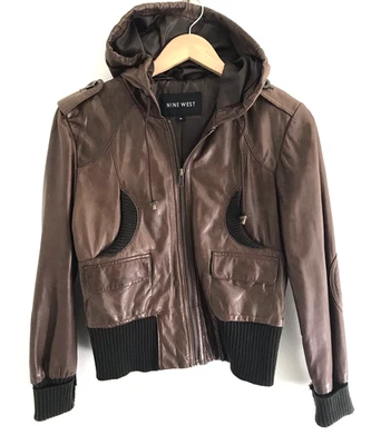 Chaqueta Bomber De Colección NINE WEST Cuero Marrón Cremallera Completa Con Capucha Talla M Moto Y2K Foto 1 de 4